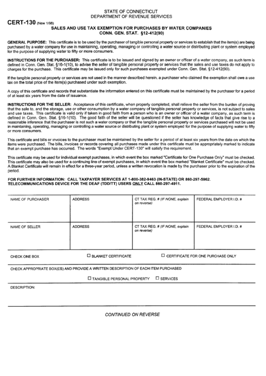 Form Cert - 130 - Sales And Use Tax Exemption For Purchases By Water Companies Conn. Gen. Stat. Form Printable pdf