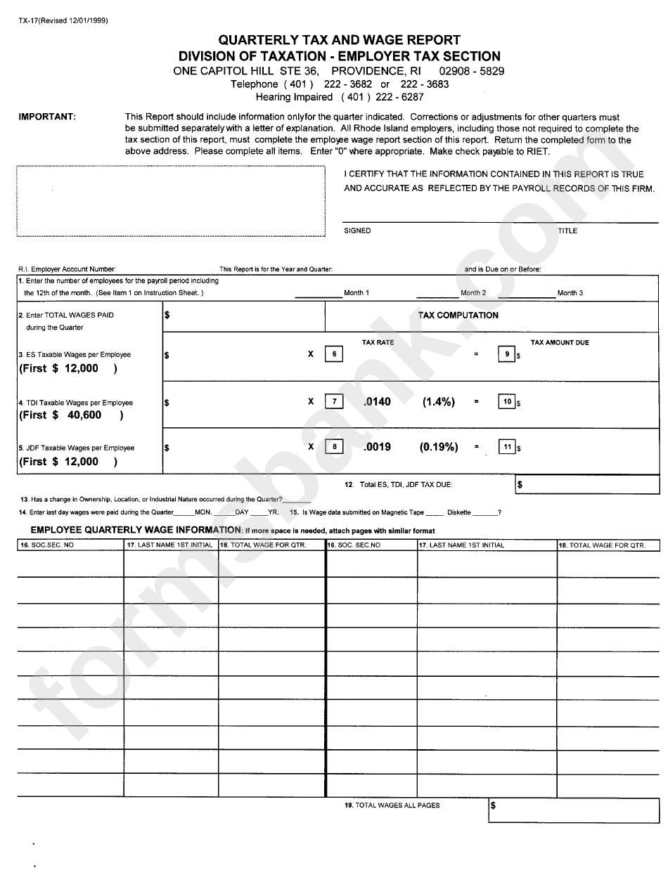 Form Tx - 17 - Quarterly Tax And Wage Report Division Of Taxation - Employer Tax Section Form