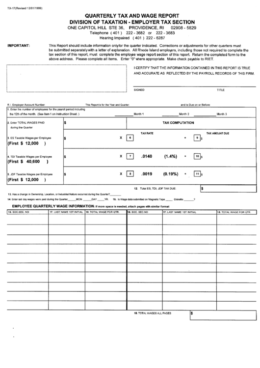Form Tx - 17 - Quarterly Tax And Wage Report Division Of Taxation - Employer Tax Section Form Printable pdf