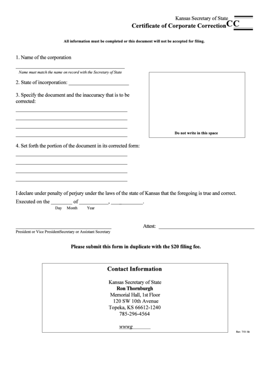 Certificate Of Corporate Correction Form - 2001 Printable pdf