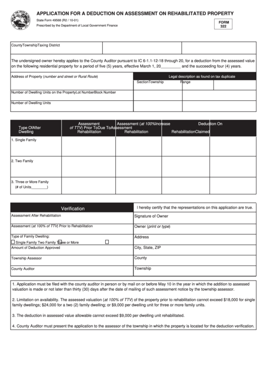Form 322 - Application For A Deduction On Assessment On Rehabilitated Property Printable pdf