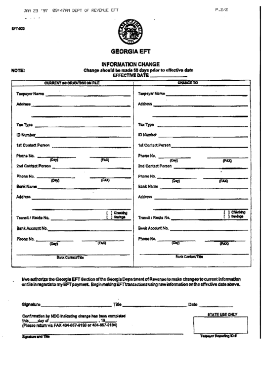 Fillable Form Eft - 003 - Information Change Form Printable pdf