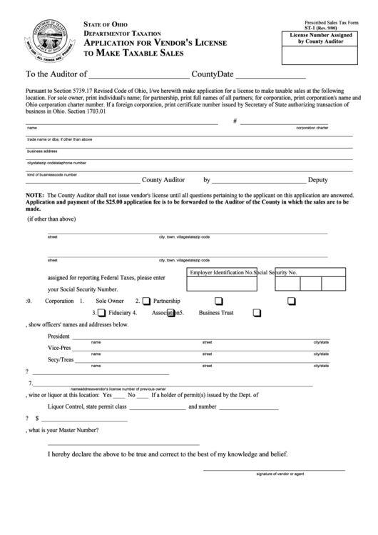 Form St 1 Application For Vendor S License To Make Taxable Sales 2000 Printable Pdf Download