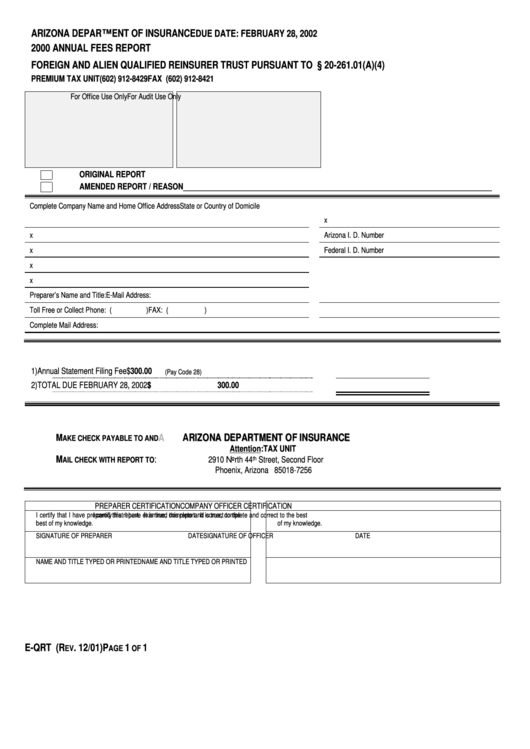 2000 Annual Fees Report - Arizona Department Of Insurance Printable pdf