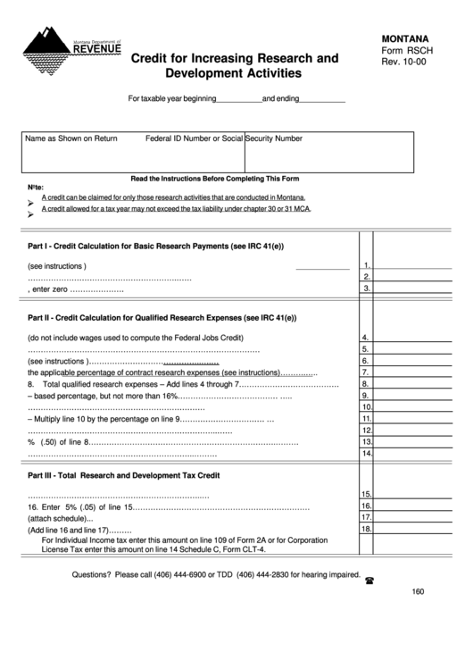 Montana Form Rsch - Credit For Increasing Research And Development Activities Printable pdf