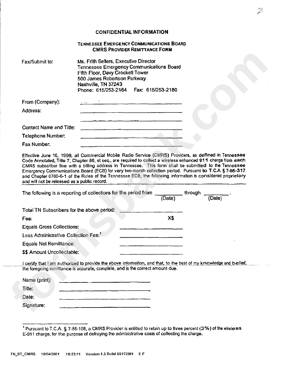 Cmrs Provider Remittance Form - 2001