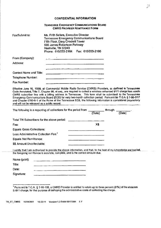 Cmrs Provider Remittance Form - 2001 Printable pdf