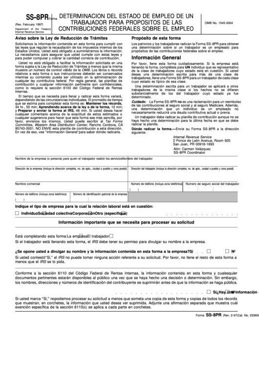Form Ss-8pr - Determinacion Del Estado De Empleo De Un Trabajador Para Propositos De Las Contribuciones Federales Sobre El Empleo Printable pdf