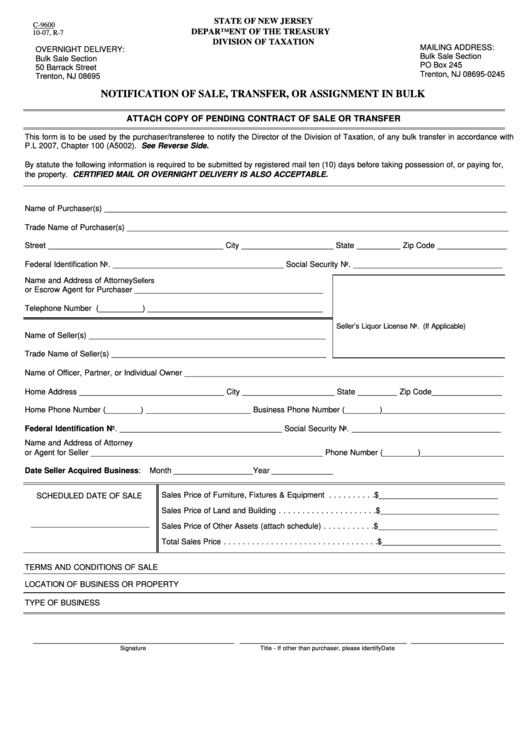 Fillable Form C-9600 - Notification Of Sale, Transfer, Or Assignment In Bulk - 2007 Printable pdf