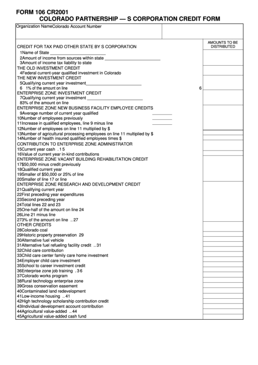 Form 106 Cr - Colorado Partnership - S Corporation Credit Form - 2001 Printable pdf