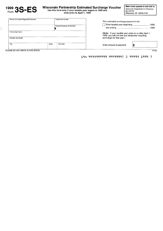 Fillable Form 3s-Es-1999 - Wisconsin Partnership Estimated Surcharge Voucher Printable pdf