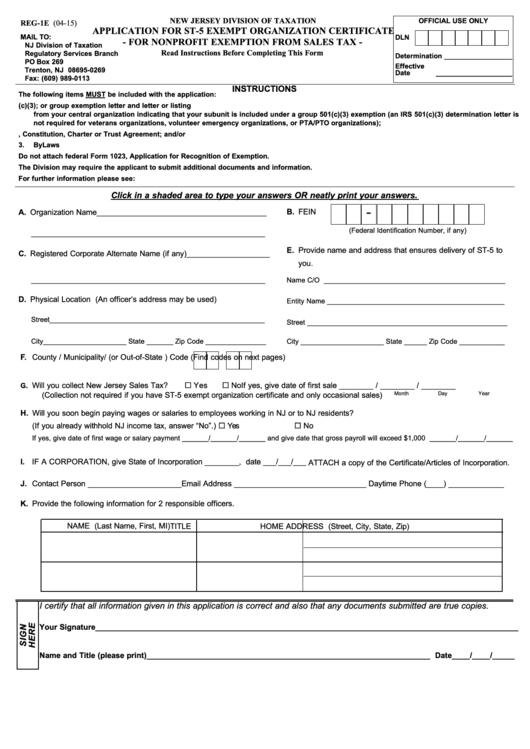 Fillable Form Reg-1e - Application For St-5 Exempt Organization Certificate - For Nonprofit Exemption From Sales Tax - 2015 Printable pdf