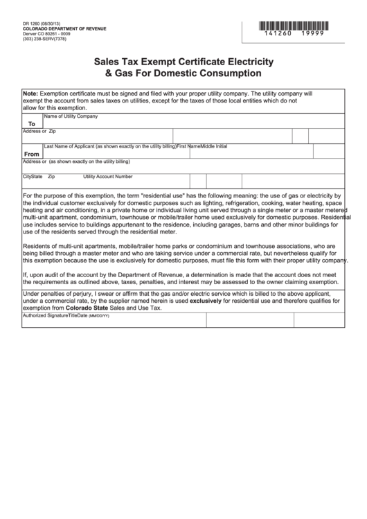 Form Dr 1260 - Sales Tax Exempt Certificate Electricity & Gas For Domestic Consumption Form Printable pdf