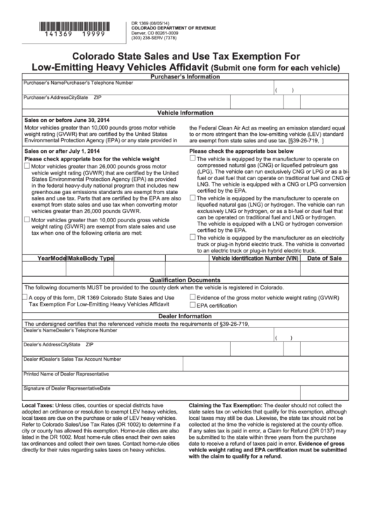 Form Dr 1369 - Colorado State Sales And Use Tax Exemption For Low-Emitting Heavy Vehicles Affidavit (Submit One Form For Each Vehicle) Printable pdf