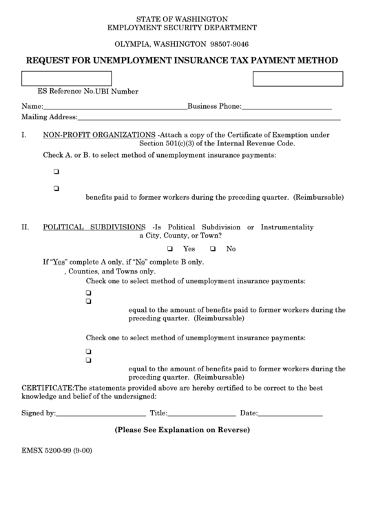 Request For Unemployment Insurance Tax Payment Method Form - 2000 Printable pdf