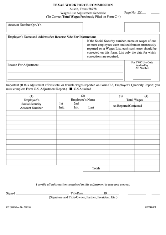 Form C-7 - Texas Workforce Commission Printable pdf