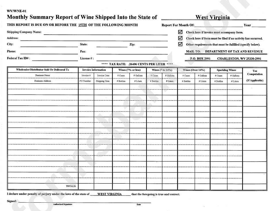 Form Wne-01 - Monthly Summary Report Of Wine Shipped Into The State