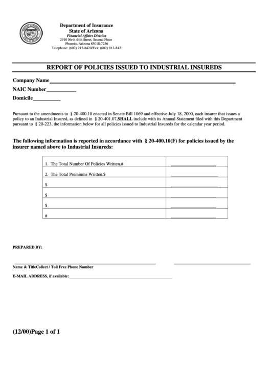 Form E-Pc.indins - Report Of Policies Issued To Industrial Insureds - Department Of Insurance Of State Of Arizona Printable pdf