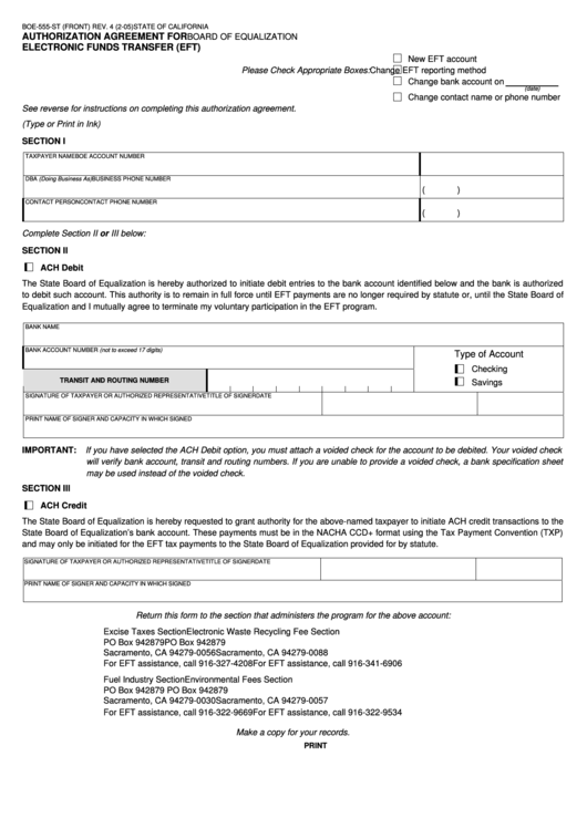 Fillable Form Boe-555-St - Authorization Agreement For Electronic Funds Transfer (Eft) - State Of California Printable pdf