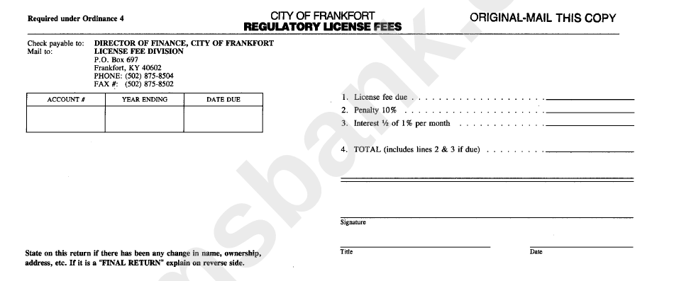 Regulatory License Fee Form - City Of Frankfort, Kentucky