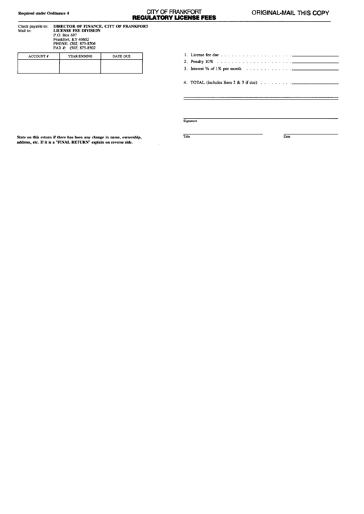 Regulatory License Fee Form - City Of Frankfort, Kentucky Printable pdf