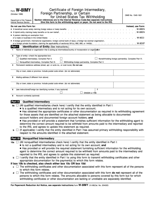 Form W-8imy - Certificate Of Foreign Intermediary Foreign Partnership Or Certain U.s. Branches For United States Tax Withholding - 1998 Printable pdf