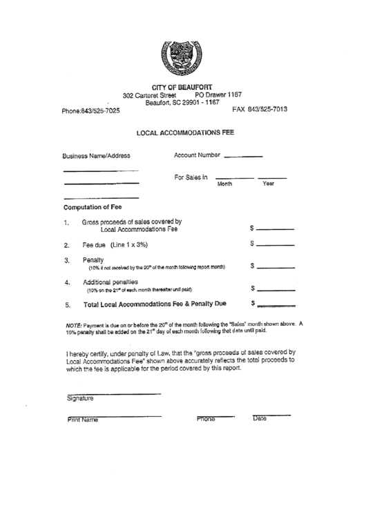 Local Accommodations Fee Form - City Of Beaufort, South Carolina Printable pdf