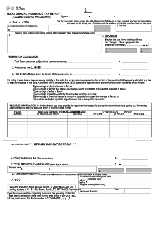 Fillable Form 25-108 - Texas Annual Insurance Tax Report-Unauthorized Insurance Printable pdf