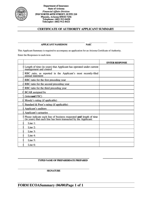 Form Ecoasummary - Certificate Of Authority Applicant Summary - Department Of Insurance Of State Of Arizona Printable pdf