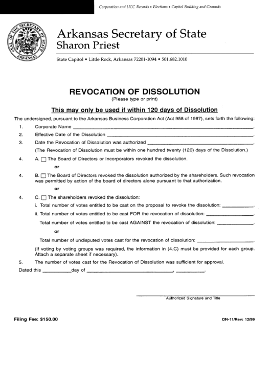 Form Dn-11 - Revocation Of Dissolution December 1999 Printable pdf