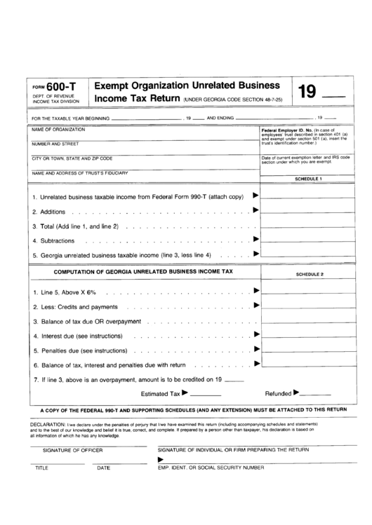 Fillable Form 600-T - Exemot Organization Unrelated Business Income Tax Return Printable pdf