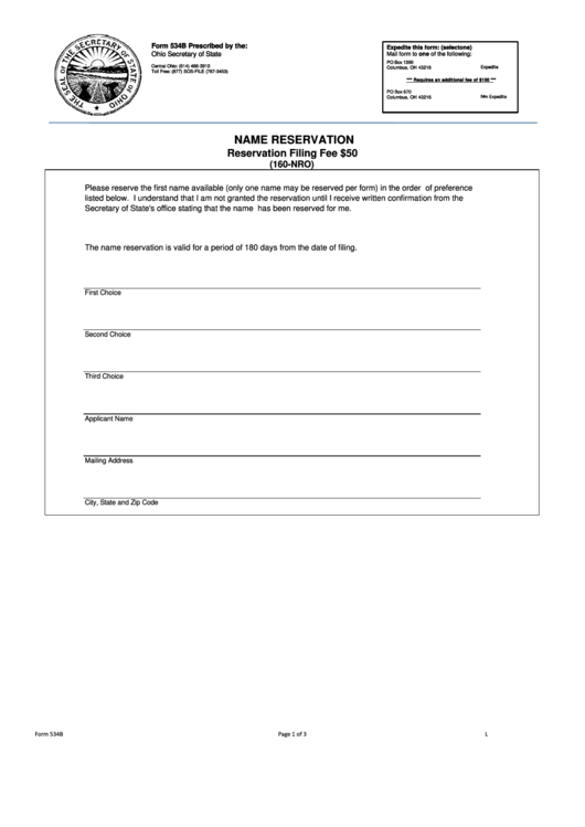 Fillable Form 534b - Name Reservation - Form Printable pdf