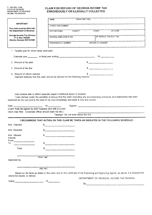 Form It-550 - Claim For Refund Of Georgia Income Tax Erroneously Or Illegally Collected Printable pdf