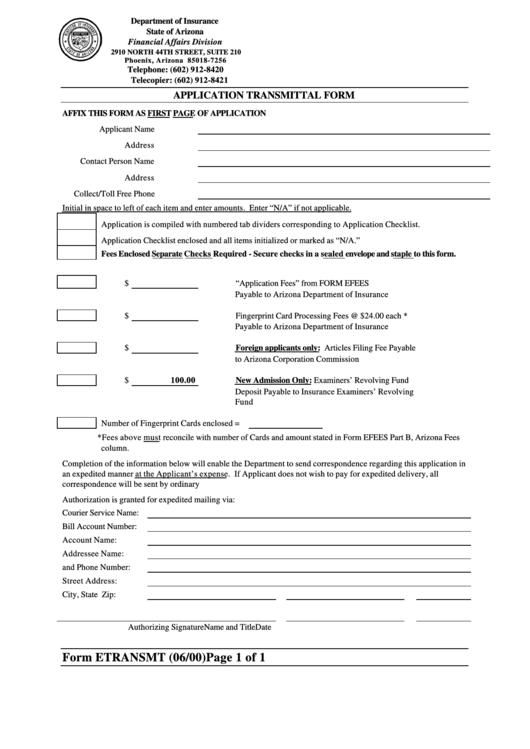 Form Etransmt - Application Transmittal Form - Department Of Insurance Of State Of Arizona Printable pdf