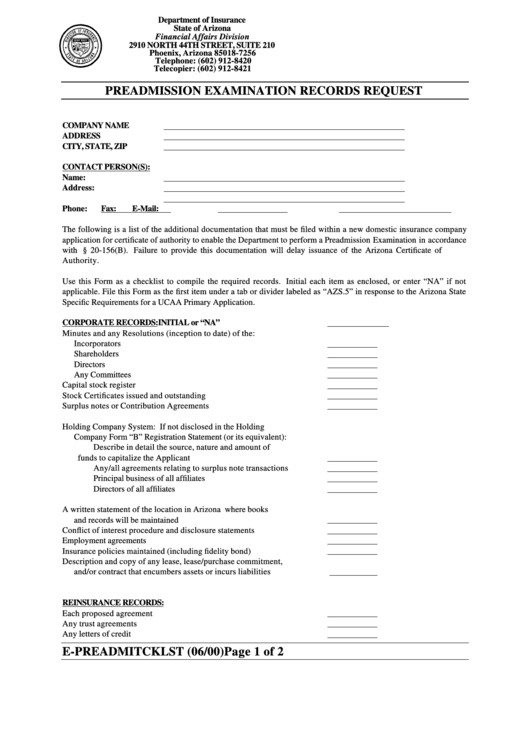 Form E-Preadmitcklst - Preadmission Examination Records Request - Department Of Insurance Of State Of Arizona Printable pdf