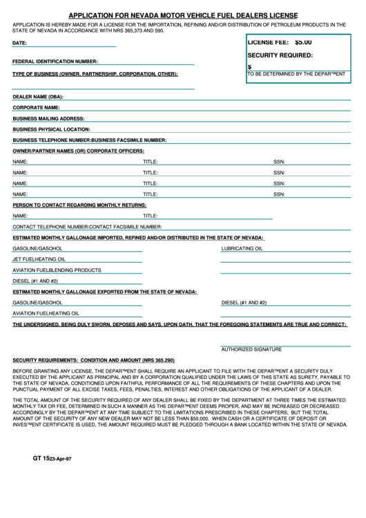 Form Gt 15 - Application For Nevada Motor Vehicle Fuel Dealers License Printable pdf