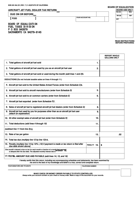 Fillable Form Boe-501-Mj - Aircraft Jet Fuel Dealer Tax Return - State Of California Printable pdf