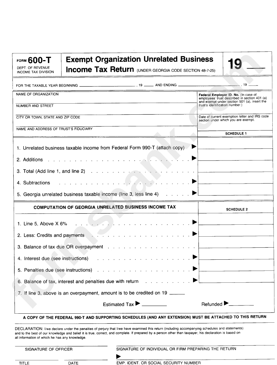 Form 600-T - Exempt Organization Unrelated Business Income Tax Return Form