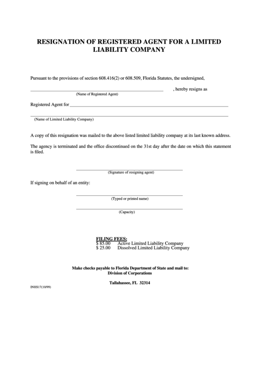 Fillable Form Inhs17 - Resignation Of Registered Agent For A Limited Liability Company - Florida Department Of State Printable pdf