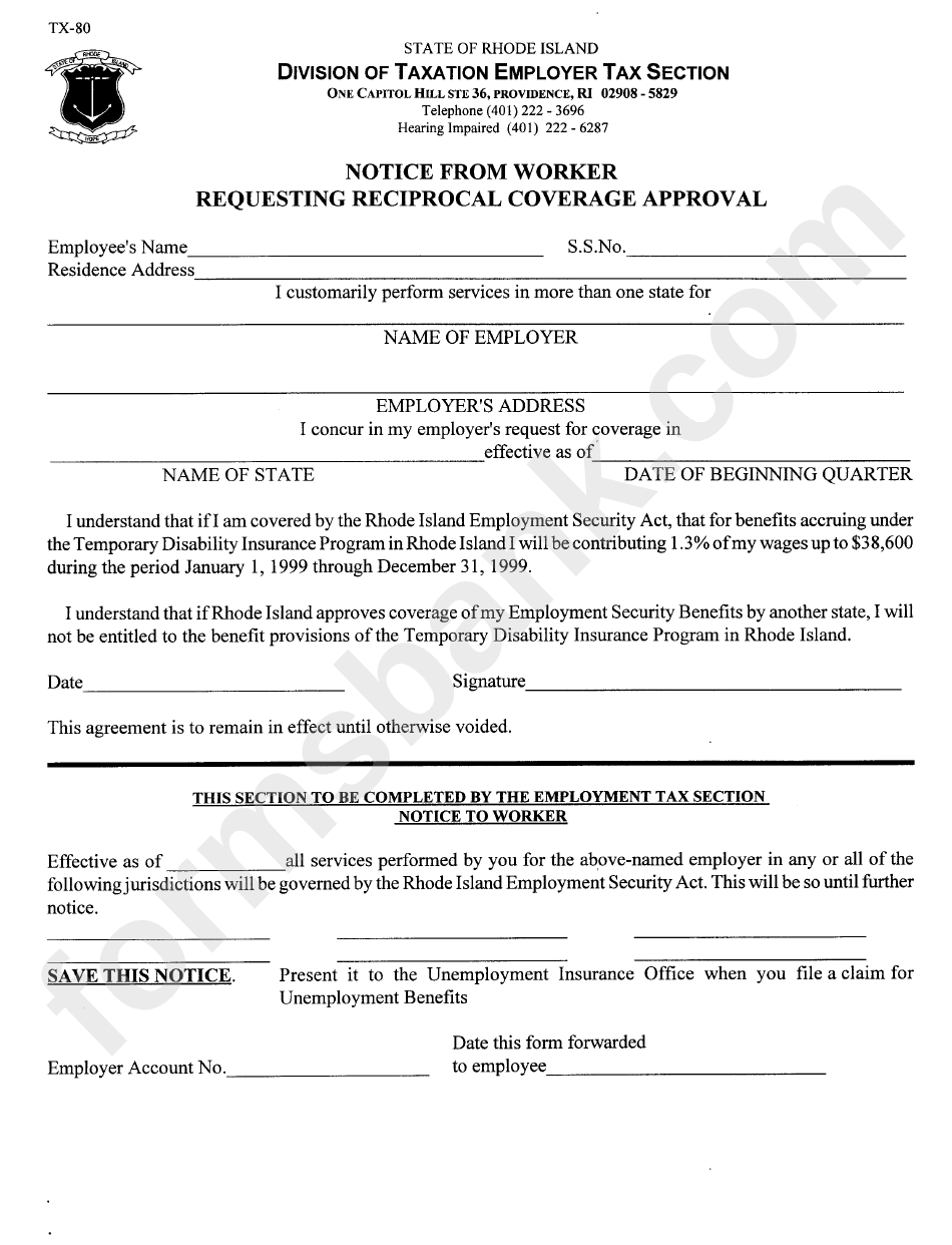 Form Tx-80 - Notice From Worker - Requesting Reciprocal Coverage Approval