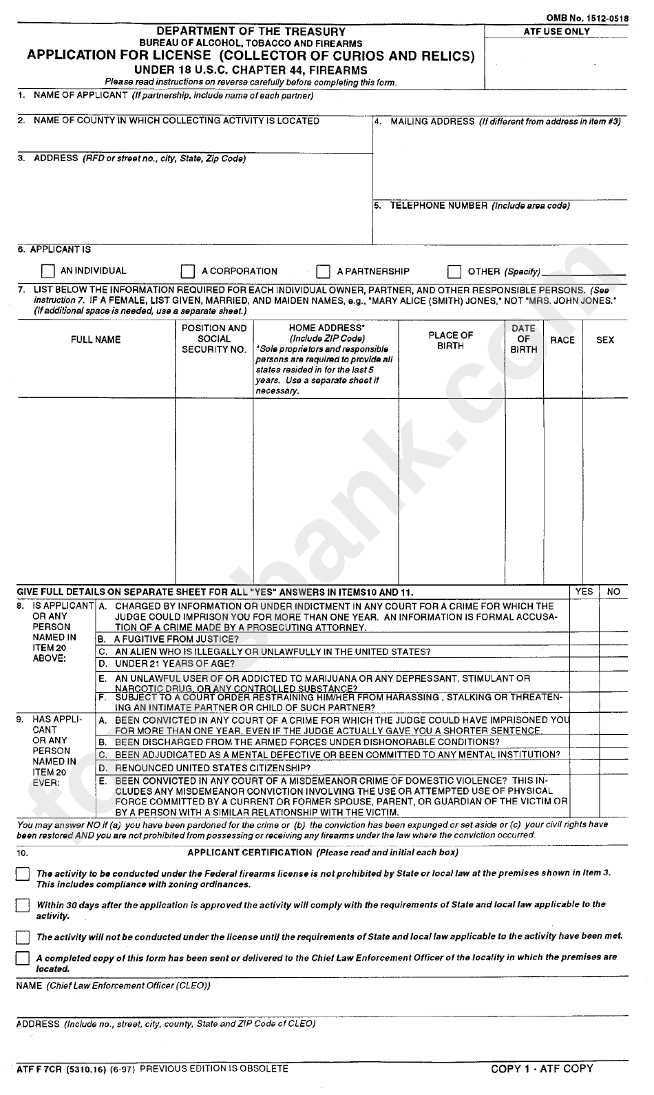 Form Atf 7cr - Application For License (Collector Of Curios And Relics) - Bureau Of Alcohol, Tobacco And Firearms Of Department Of The Treasury