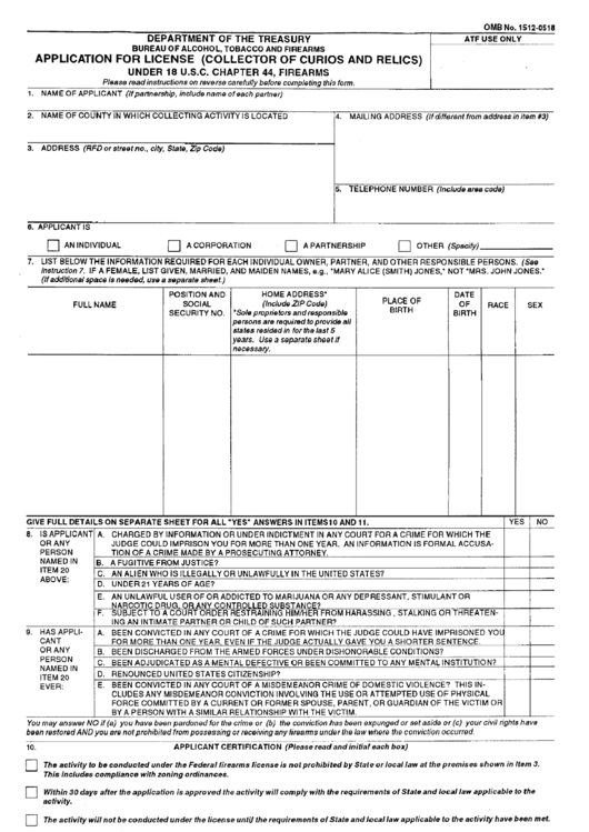 Form Atf 7cr - Application For License (Collector Of Curios And Relics) - Bureau Of Alcohol, Tobacco And Firearms Of Department Of The Treasury Printable pdf