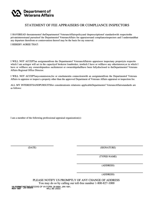 Va Form 26-6684 - Statement Of Fee Appraisers Or Compliance Inspectors - Department Of Veterans Affairs - 1997 Printable pdf