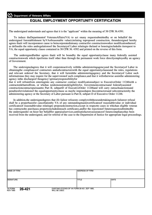 Va Form 26-421 - Equal Employment Opportunity Certification - Department Of Veterans Affairs Printable pdf