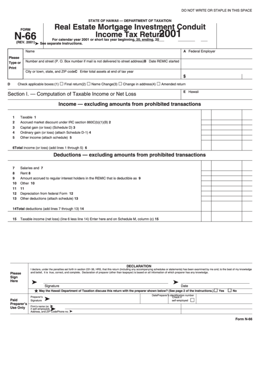 Form N-66 - Real Estate Mortgage Investment Conduit Income Tax Return - 2001 Printable pdf