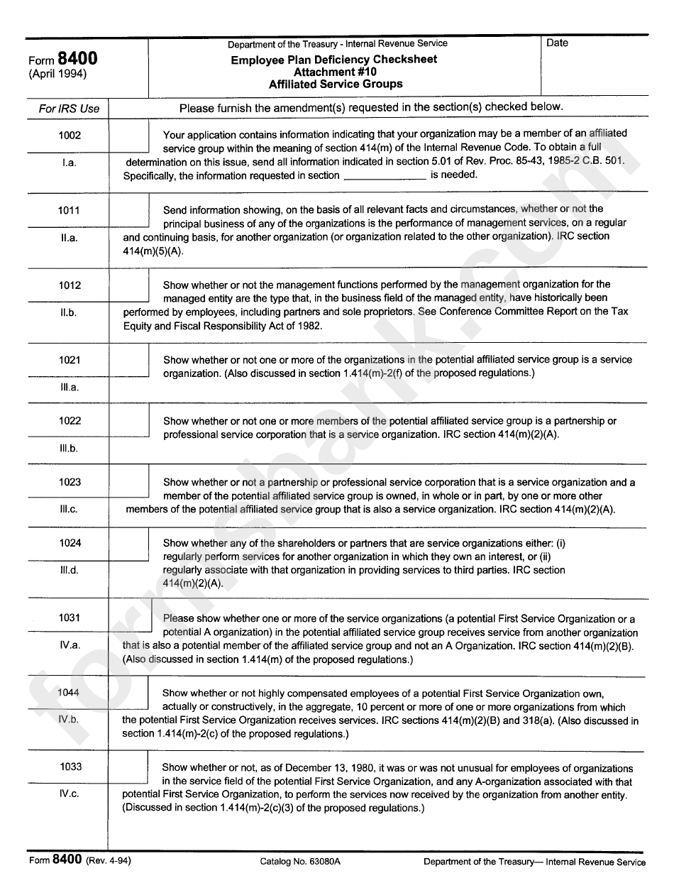 Form 8400 - Employee Plan Deficiency Checksheet Attachment 10 - Affiliated Service Groups - 1994