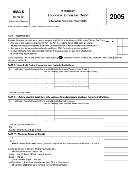 Fillable Form 8863-K - Education Tuition Tax Credit 2005 Printable pdf