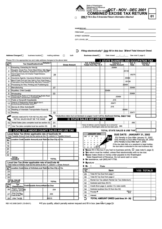 Combined Excise Tax Return Form - Oct - Nov - Dec 2001 Printable pdf