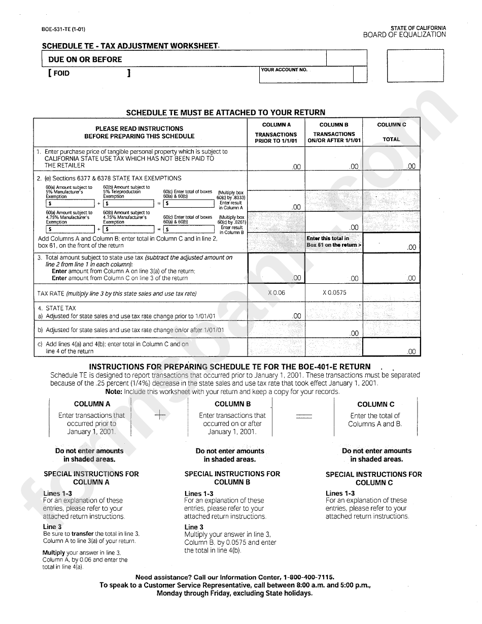 Schedule Te - Tax Adjustment Worksheet - 2001