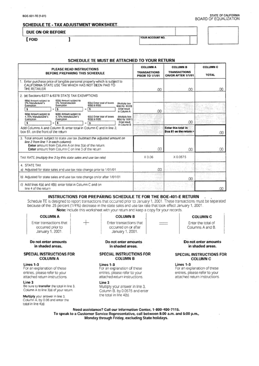 Schedule Te - Tax Adjustment Worksheet - 2001 Printable pdf